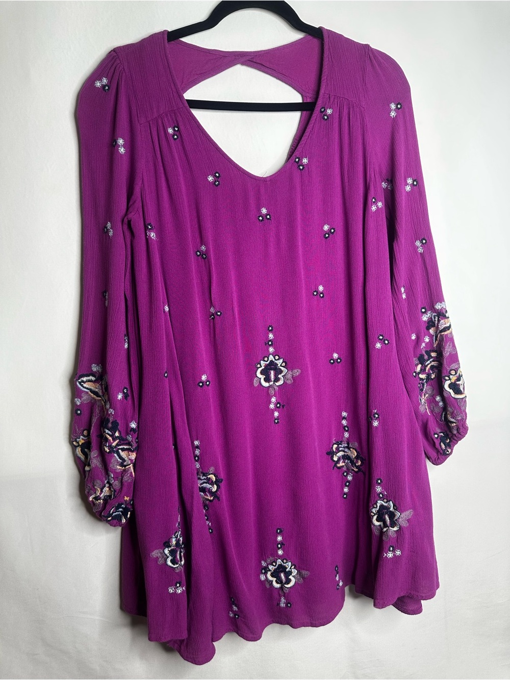Free People Magenta Embroidered Long Sleeve Tunic Dress